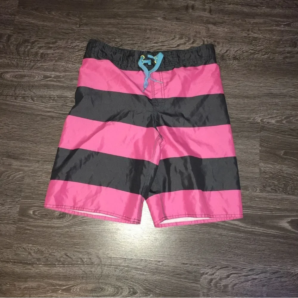 Boys Striped Pink & Brown Swim Trunks